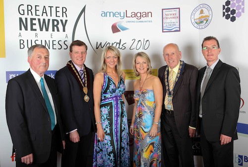  Principle Sponsors of the Greater Newry Area Business Awards 2010, Mr Tony McAllister, Amey Lagan Roads, President Conor Patterson, Newry Chamber of Commerce & Trade, Orla Jackson, Newry Chamber, Karen Patterson, BBC, Mayor Mick Murphy, Mr Damian Mulholland, Department for Social Development.